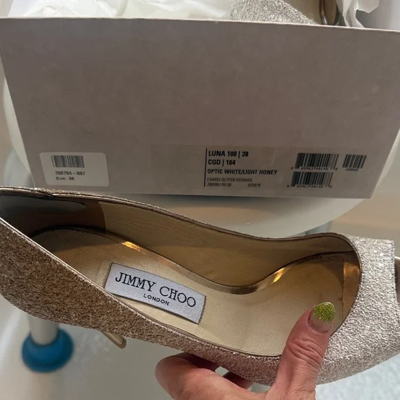 Jimmy Choo Gold/light honey and optic white Peep-Toe Heels ( Luna 100)